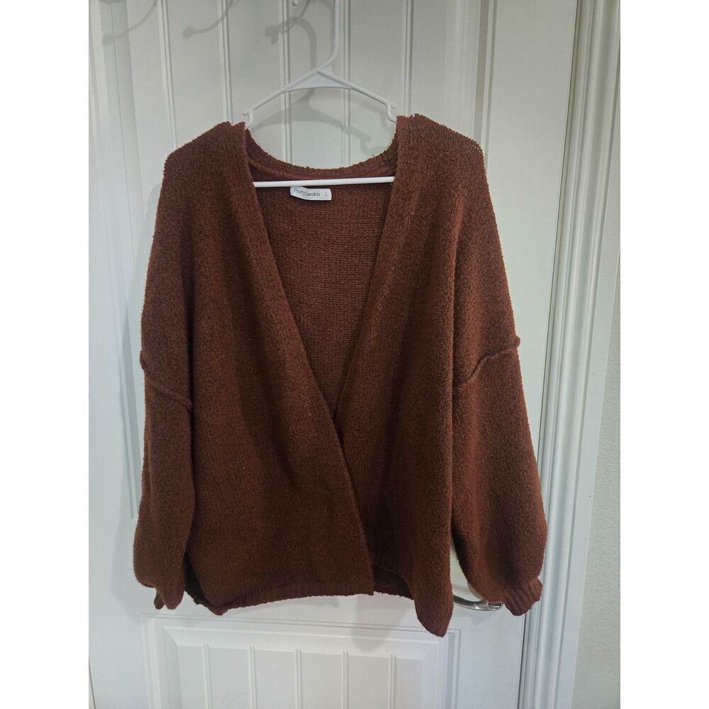 PrettyGarden Women’s Large Brown Open Front Cardigan Sweater Oversized Sleeve